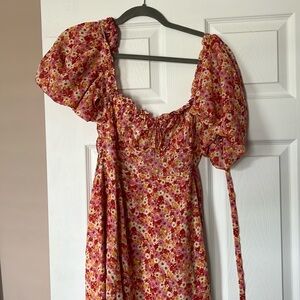 For Love & Lemons -Felicia Floral-Print Tie-Back Midi Dress in Red